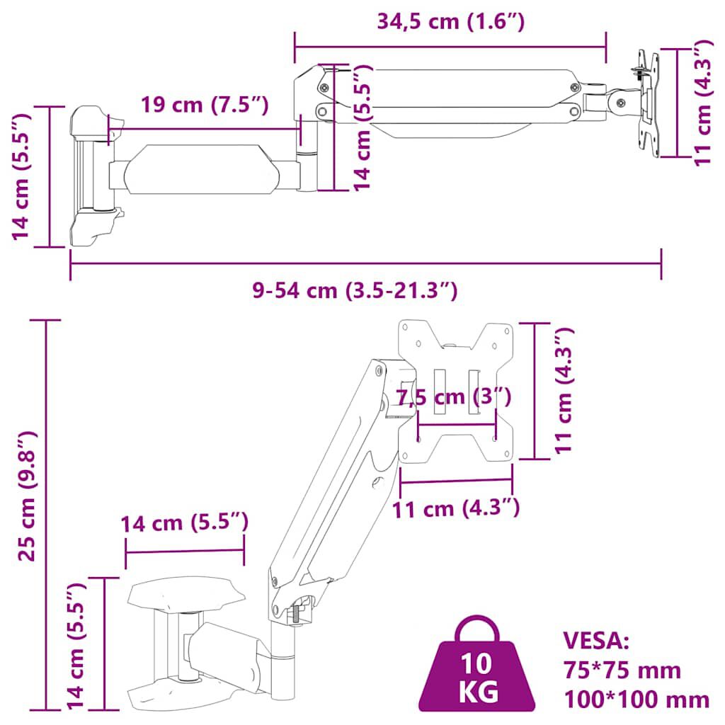 vidaXL Nástěnný držák na monitor max. 72" plynová pružina 10 kg
